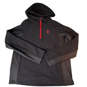 Spyder Quarter Zip Pullover Jacket LARGE Black Waffle Knit Fleece Lined Hooded